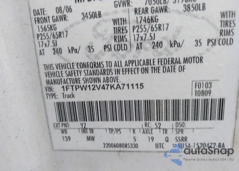 2007 Ford F-150 Lariat/Xlt z USA, uszkodzony, nr VIN 1FTPW12V47KA71115